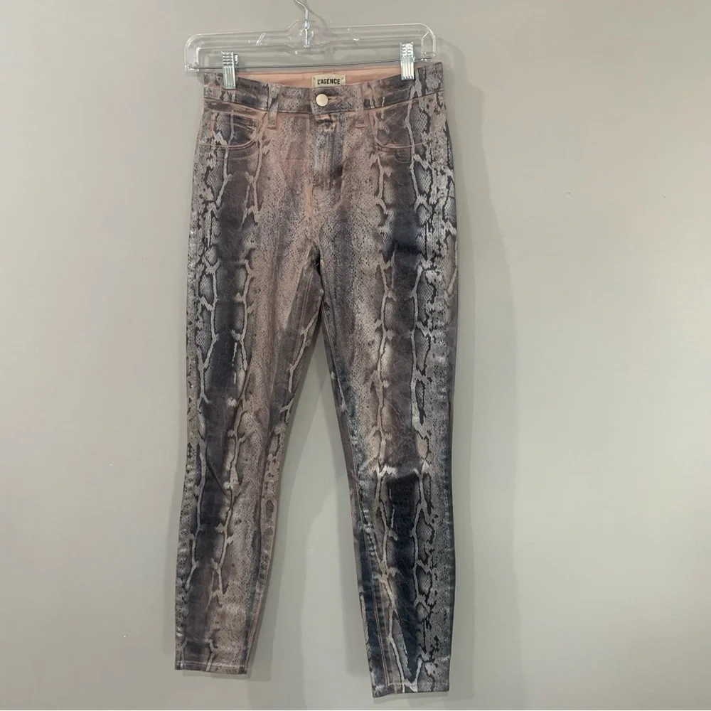 ✅ L’AGENCE Jeans Margot Skinny High Rise Petal Black Snake Skin Crackle Foil